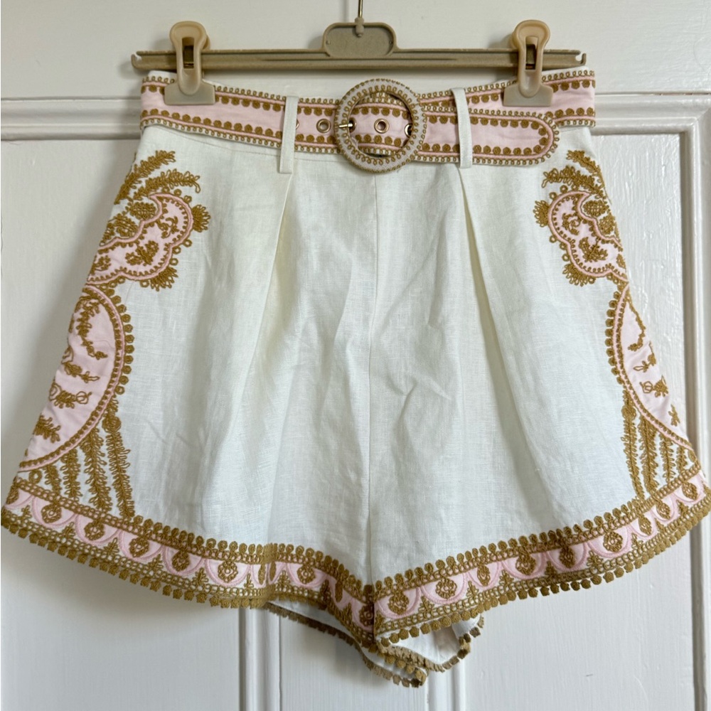 Zimmermann White and Gold Embroidered Women Shorts